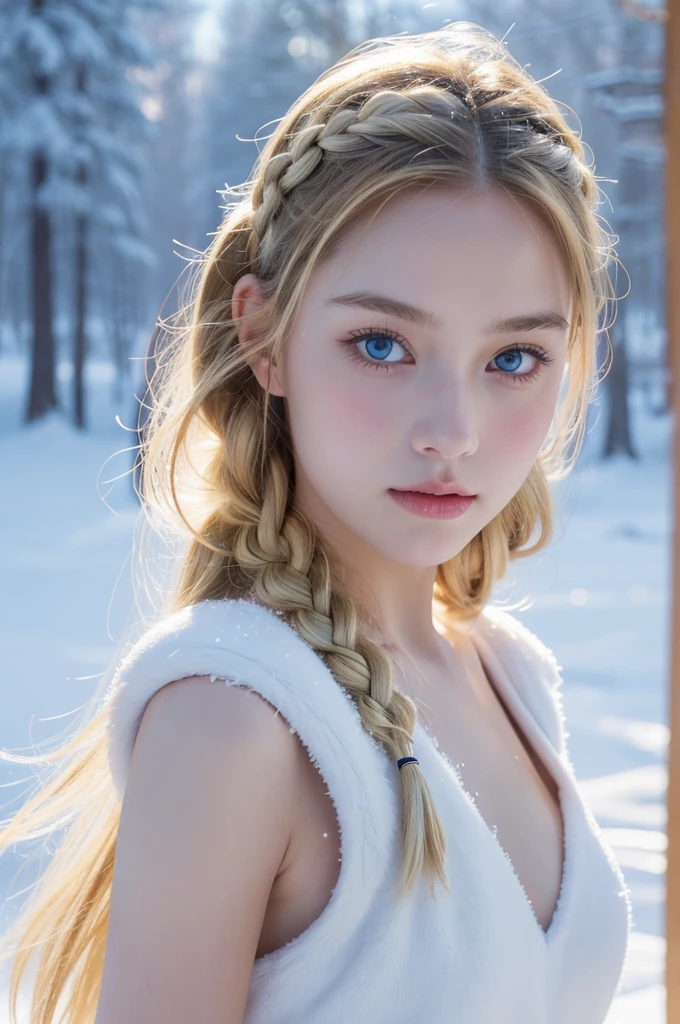 (practical:1.2), Analog photography style., Scandinavian warrior, Amazing snow scene, golden braids, whole body, Soft natural light, cute and sexy, happiness, Delicate face and blue eyes., Good quality, masterpiece, detailed north background, quality: 16k, Photo original
