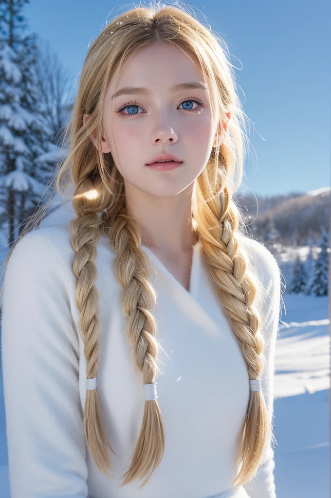 (practical:1.2), Analog photography style., Scandinavian warrior, Amazing snow scene, golden braids, whole body, Soft natural light, cute and sexy, happiness, Delicate face and blue eyes., Good quality, masterpiece, detailed north background, quality: 16k, Photo original