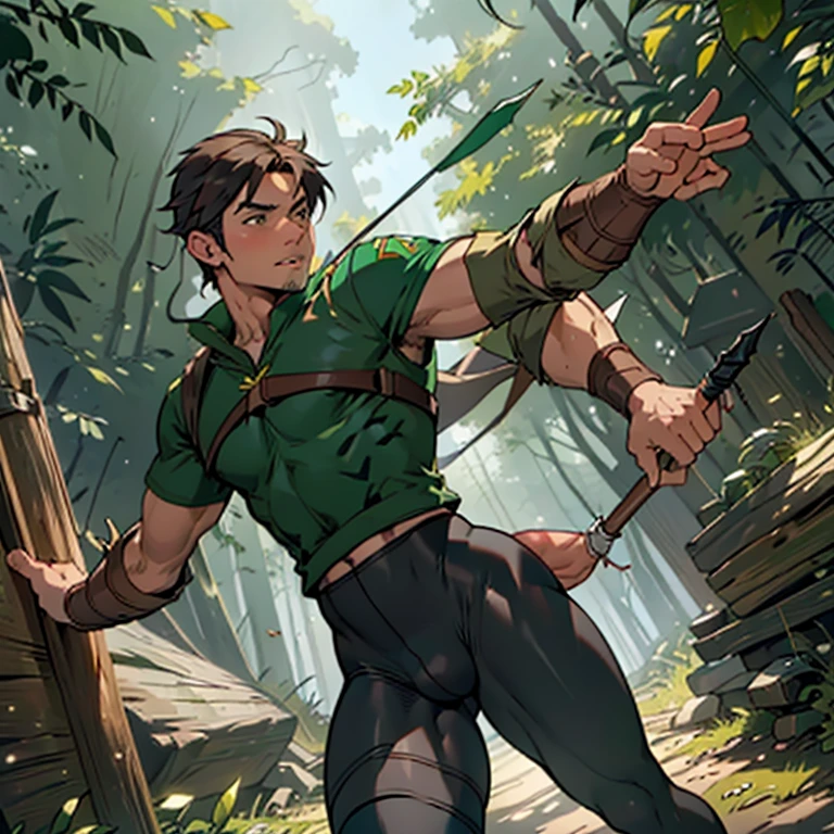 ((Naughty and adventurous  Robin hood wearing lewd erotic clothes and tight leggings showing his dick bulge line:)),  ((dick inside spandex leggings:0.3 )), gangbang, (robin hood inspired setting), NSFW, hentai, porn, ((inspired by Robin Hood: Men in Tights movie)), ((tights kink)), ((bouncing bulge)), ((huge erection inside his leggings pantyhose)), ((showcasing his thick thighs in tights)), ((friction inside his tights)), ((adventurous Robin hood running in forests from bandits)),