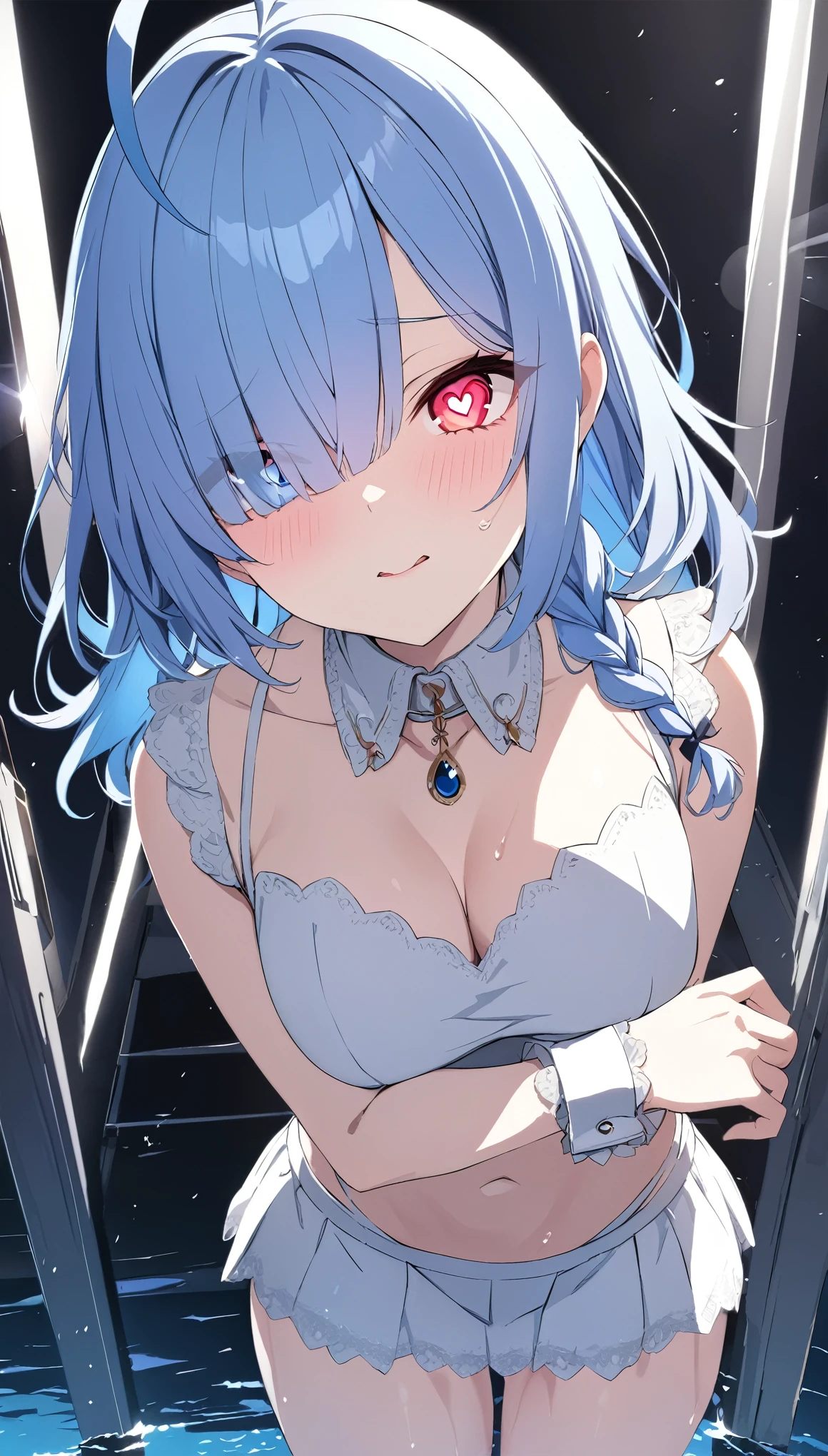 blue hair, ahoge, side braid, hair over one eye, diagonal bangs, ribbon, hair ribbon, evil eyes, heterochromia, heart-shaped pupils, heart in eye, torogao, light blush, high detail, glowing light, ray tracing, high details, super detail, high quality, highres, 1080P, UHD，Water , moonlight，An elegant white mini skirt with subtle lace stitching at the collar and cuffs, showcasing exquisite details