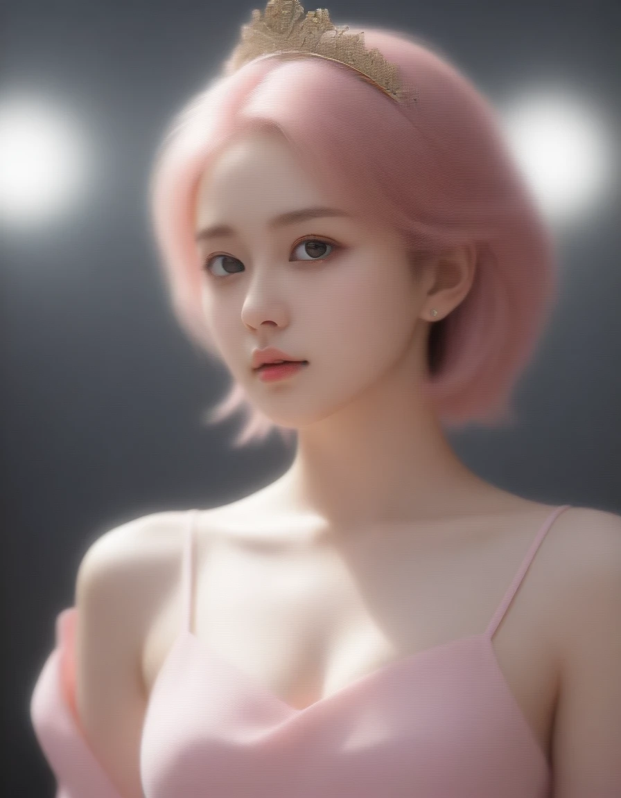(8K, original photo, best quality, masterpiece), ultra high resolution, (actual, photo-actual), 1 girl, emotionless, alone, pink hair, yellow eyes, professional lighting, detailed lighting, backlight, depth of field, natural lighting, sharp focus, Two meters shooting distance, Take photos professionally, delicate eyes, actual eyes, Detailed shadows, CG games, role play, pink clothes with arm ring, sling, Upper body, pink clothes, External, crown, Gundam, Mecha,