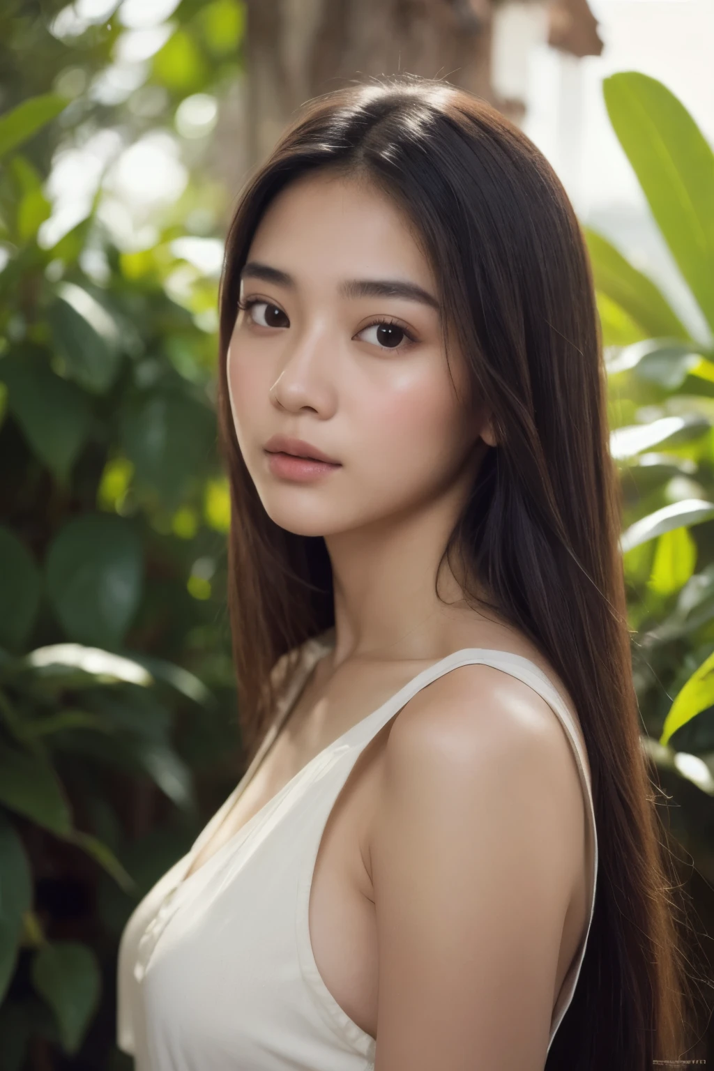 (Masterpiece), (best quality), (very detailed),(illustration), (1 girl),look at viewer, (interview),Beautifully detailed eyes, delicate beautiful face, floating,(high saturation),(shine) Thai women, Look at the viewer., long hair, There's a twinkle in the eye., glossy lips, tight shirt, jeans, cloud, day, sky,outdoor, After the Apocalypse, harbor, view, water,
