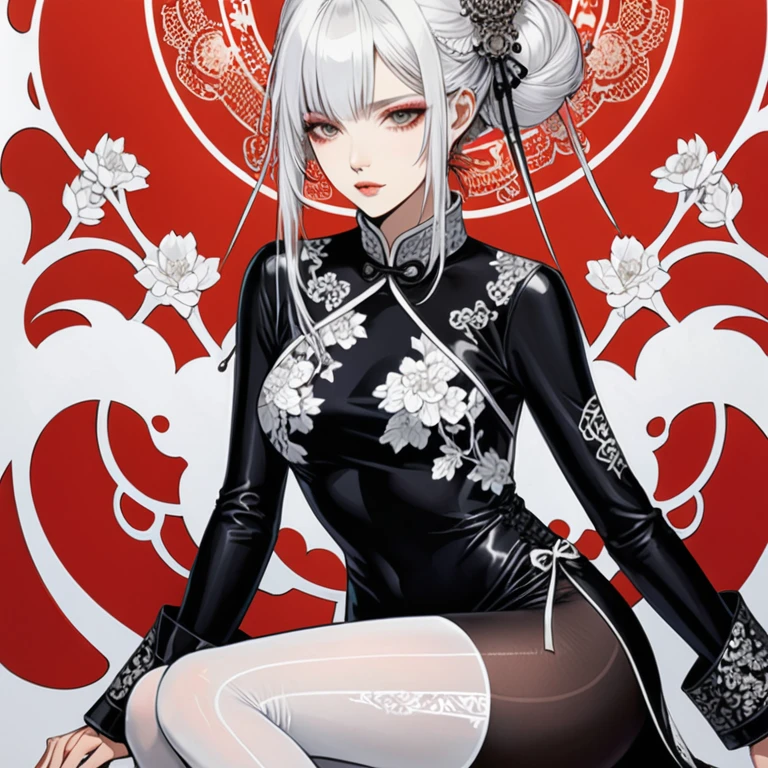 in style of Harry Clarke,in style of David Sims,
1girl,tied hair,black leather long-sleeved wraps,
BREAK
insanely detailed and intricate,hypermaximalist,elegant,ornate,hyper realistic,super detailed,
BREAK
white_background,ghostwhite over-the-knee stockings,(ghostwhite silk cheongsam collar t-line tights:1.2),