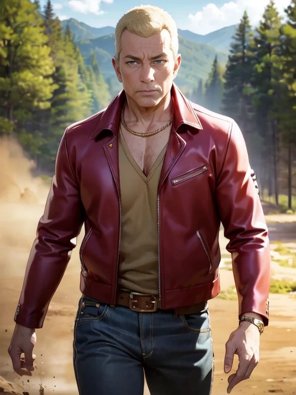 (Ultra-high resolution), (masterpiece), (Attention to detail), (high quality), (最high quality), One Man, (Teppei Hojo), Middle-aged men, elder, Blonde, (Iris), Chin, Gold Necklace, (Western Cowboy), (fringed leather jacket), bandana, Chaps, Western Boots, big buckle belt, Showdown scene in the wilderness, Cowboy standing in the dust, The moment he was about to pull out his gun, Dust in the wind