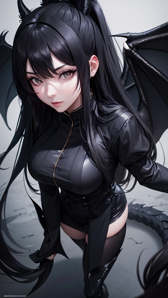 Ultra realistic anime black dragon woman, has long black fuzzy hair, dark brown eyes, wears a navy blue maid outfit and wears black boots and knee-high stockings, has dragon horn, dragon wings and dragon tail , black background.