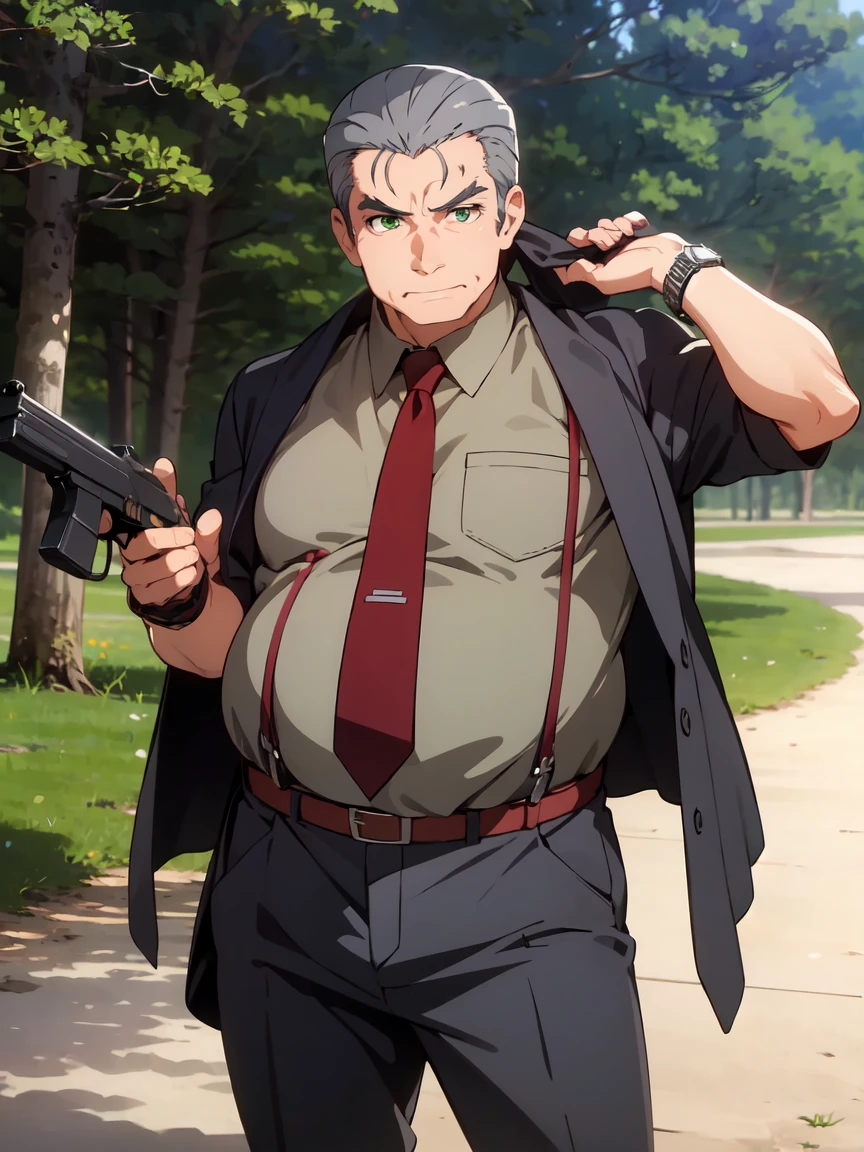 (Ultra-high resolution), (masterpiece), (Attention to detail), (high quality), (最high quality), One Man, (Oishikuraudo), fat, plump, old, black shirt, white pants, suspenders, red necktie, wristwatch, grey hair, hair slicked back, green eyes, (Western Cowboy), (fringed leather jacket), Wide-brimmed hat, poncho, Cowboy boots, Leather pants, Double Gun Belt, Showdown scene in the wilderness, Cowboy standing in the dust, The moment he was about to pull out his gun, Dust in the wind
