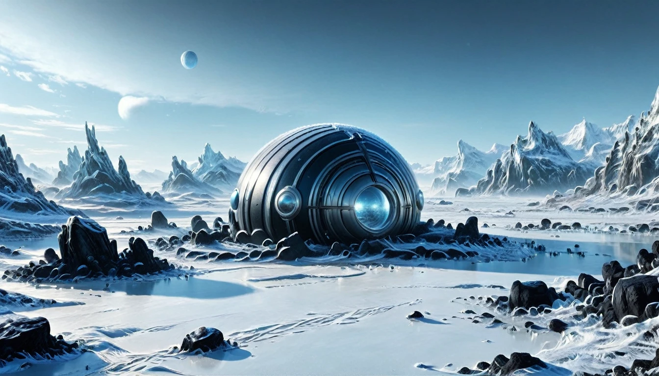 ((ALIEN PLANET, ALIEN COLONY WITH BUNKER-TYPE HOUSING)), hyper realistic image in very high definition (4k) of a frozen landscape on an alien planet. The environment must be completely covered with ice and snow, without liquid water, with intricate black rocks. It's a frozen, frozen desert. Include some futuristic alien constructions and buildings such as extraterrestrial colonies.. The scene must also show parked alien spaceships. In the landscape, You can see some humanoids with polar clothing, being part of an important population. The sky is gray, stormy and tempestuous, with wind visible on the scene. Lighting should be cinematic style, highlighting the realism and details of the image.