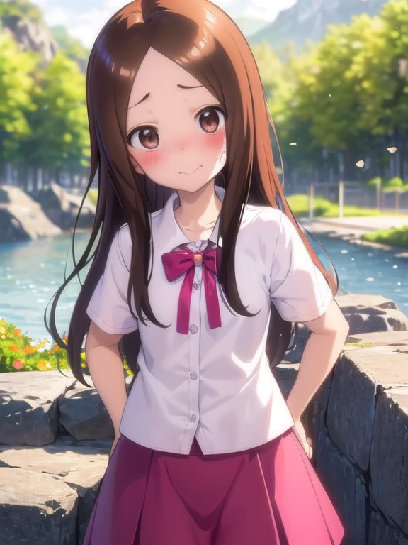 masterpiece, best quality,1girl,takagi1,overexposure, bokeh, depth of field, atmospheric lighting, outdoors, light particles, glow, shiny, sky, light rays, sunlight,Long hair,takagi-san, one girl、closed mouth、smile、beautiful flower々Park with blooming flowers、A cute girl no matter who you look at、put your hands on your hips、, Short sleeve, ,(( red blush、embarassed expression, Look away、Looking down in embarrassment:1.2))、(((tucking up the skirt、Pink panties are visible、Sujiman、slit)))、NSFW、Trees, lake, mountainscape, ((Flowers)),field,