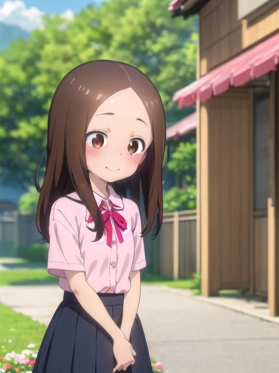 masterpiece, best quality,1girl,takagi1,overexposure, bokeh, depth of field, atmospheric lighting, outdoors, light particles, glow, shiny, sky, light rays, sunlight,Long hair,takagi-san, one girl、closed mouth、smile、beautiful flower々Park with blooming flowers、A cute girl no matter who you look at、put your hands on your hips、, Short sleeve, ,(( red blush、embarassed expression, Look away、Looking down in embarrassment:1.2))、(((tucking up the skirt、Pink panties are visible、Sujiman、slit)))、NSFW、Trees, lake, mountainscape, ((Flowers)),field,