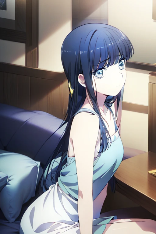 miyuki shiba (icy blue eyes:1.7), long black hair, (beautiful chest:1.2), leaning forward BREAK collarbone, very short apron, bare arms, bare shoulders, bare legs, teenager BREAK looking at viewer, BREAK indoors, BREAK (masterpiece:1.2), best quality, high resolution, unity 8k wallpaper, (illustration:0.8), (beautiful detailed eyes:1.6), extremely detailed face, perfect lighting, extremely detailed CG, (perfect hands, perfect anatomy), ((semi-profile))