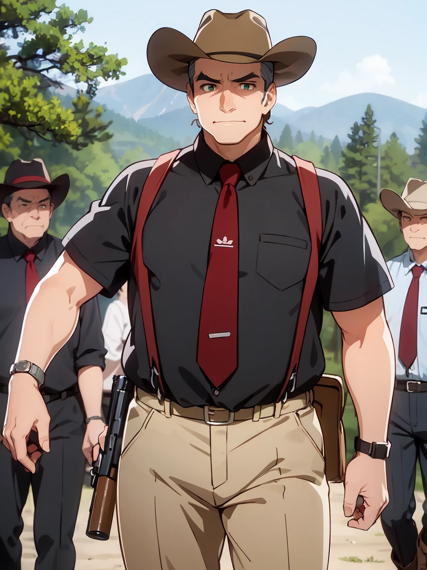 (Ultra-high resolution), (masterpiece), (Attention to detail), (high quality), (最high quality), One Man, (Oishikuraudo), fat, plump, old, black shirt, white pants, suspenders, red necktie, wristwatch, grey hair, hair slicked back, green eyes, (Western Cowboy), Wide-brimmed hat, poncho, Cowboy boots, Leather pants, Double Gun Belt, Showdown scene in the wilderness, Cowboy standing in the dust, The moment he was about to pull out his gun, Dust in the wind
