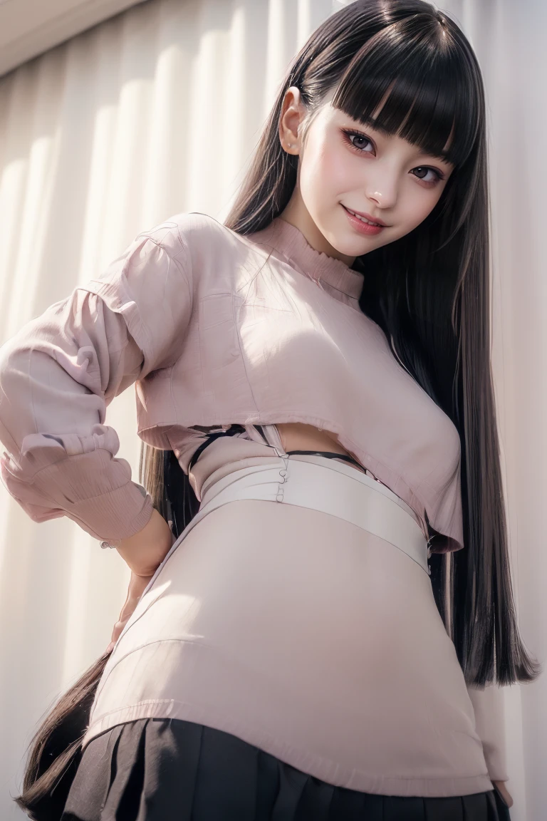 Twin tails、(Looking down,((Girl:1.8))Ultra-high resolution、(((Blunt bangs, Princess Van))), (((Very heavy,Voluminous bangs:1.1))),(((very length, Very heavy,Very voluminous side locks:1.1))),, Princess Cut, Straight bangs hairstyle, Round face with Blunt bangs, length, Glossless hair、The bangs are cut straight,(masterpiece, Highest quality:1.5), (Ultra-fine 8K CG:1.4), (hyperRealistic:1.25), (PhotoRealistic:1.25), (Realistic:1.4), Cowboy Shot,(Smile 1.3), Beautiful Japanese Girl, , Supermodel, Japanese Idols, (Grin), Sweat、Black Hair:1.2、((Real person:1.5))、Perfect balance、(From below:1.8)、Pink T-shirt、Black mini skirt