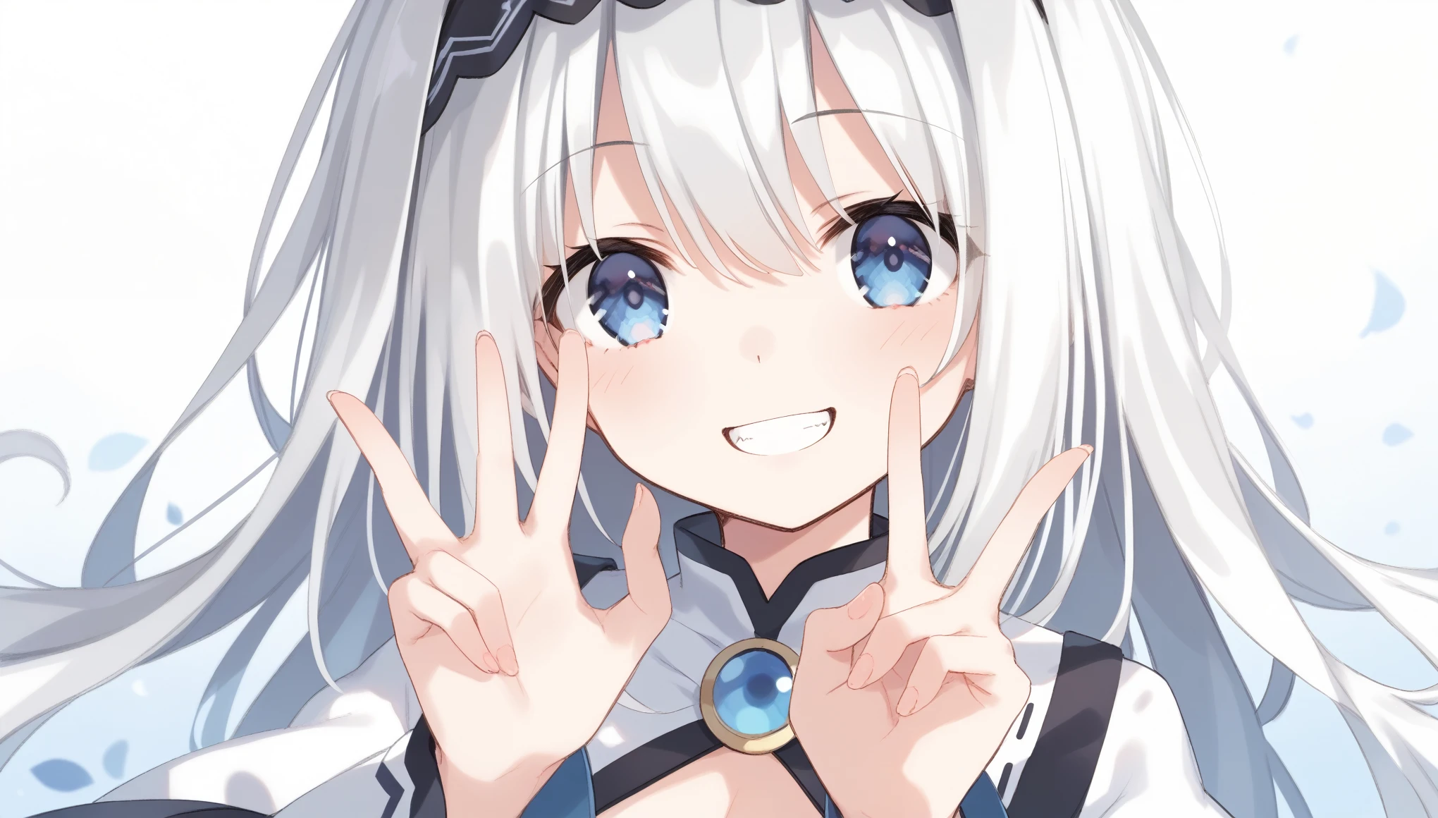 score_9, score_8_up, score_7_up,
arusu maria,1girl, solo, long hair, blue eyes, white hair,hair between eyes,white dress,white thighhighs, long sleeves, wide sleeves,black hairband,Face, close-up, upper body, peace pose, smiling, sit, rised hand, night background