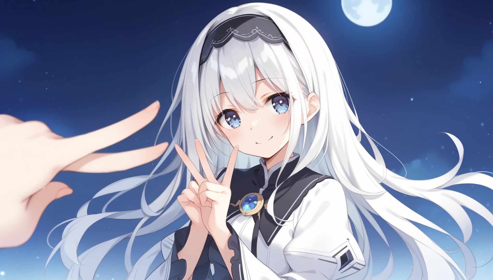 score_9, score_8_up, score_7_up,
arusu maria,1girl, solo, long hair, blue eyes, white hair,hair between eyes,white dress,white thighhighs, long sleeves, wide sleeves,black hairband,Face, close-up, upper body, peace pose, smiling, sit, rised hand, night background