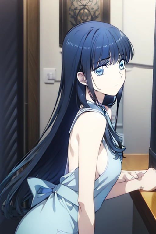 miyuki shiba (icy blue eyes:1.7), long black hair, (ample chest:1.2), leaning forward BREAK collarbone, very short apron, bare arms, bare shoulders, bare legs, teenager BREAK looking at viewer, BREAK indoors, BREAK (masterpiece:1.2), best quality, high resolution, unity 8k wallpaper, (illustration:0.8), (beautiful detailed eyes:1.6), extremely detailed face, perfect lighting, extremely detailed CG, (perfect hands, perfect anatomy), ((semi-profile))