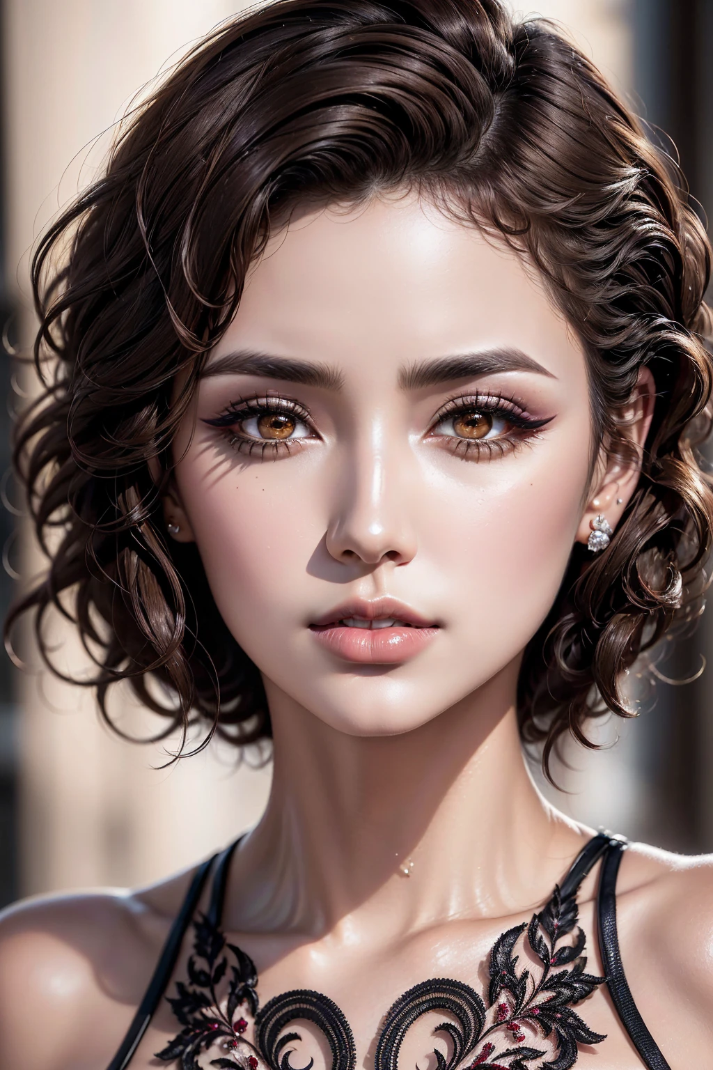 photorealistic Realism 8K Quality, ((1Beauty woman 24 yo)), Beautiful face,  best high quality real texture skin, (A woman with velvety skin:1.3), (best high quality real texture hair), (brown hair((wavy combed up, behind the ear:1.22)), super details:1.25), ((high-res, best high quality)), ([long(lashes)|perfect(eyeshadows)]:[|blue|pink]), ((clear no blur and sharp perfect round, realistic brown_eyes:1.25), finely quality eyes:1.2), (tired and sleepy and satisfied:0.0), (finely detailed pupils), BREAK, detailed lips, pink_makeup, (red_lipstick:1.25), perfect dark_eyeshadows:1.15, (detailed professional makeup on eyes:1.2), ((beautiful sharp-face), extremely detail:1.3), (high detail Super beautiful slim and cute-face), a significant look at the viewer, ((Upper body shot)), ((highly elaborate extravagant microscopic street outfit:1.25)), perfect composition, ((dry skin)), Hasselblad, 85mm f/4.0