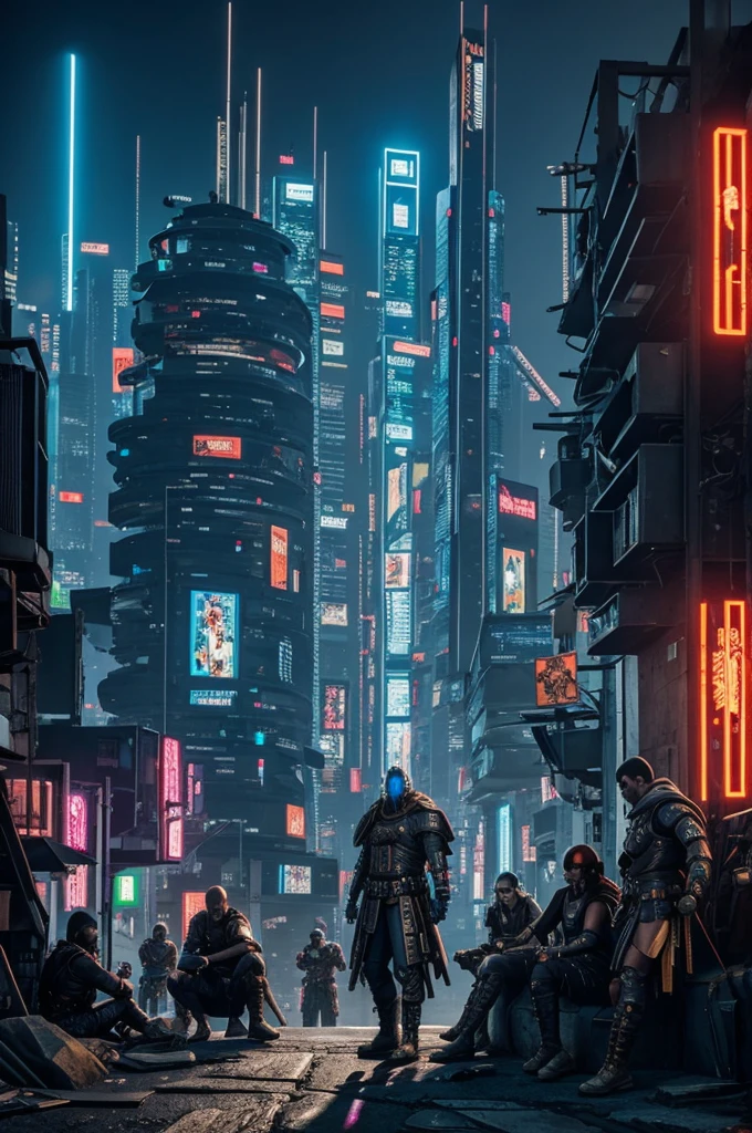 Cyberpunk warriors on mountain of coins