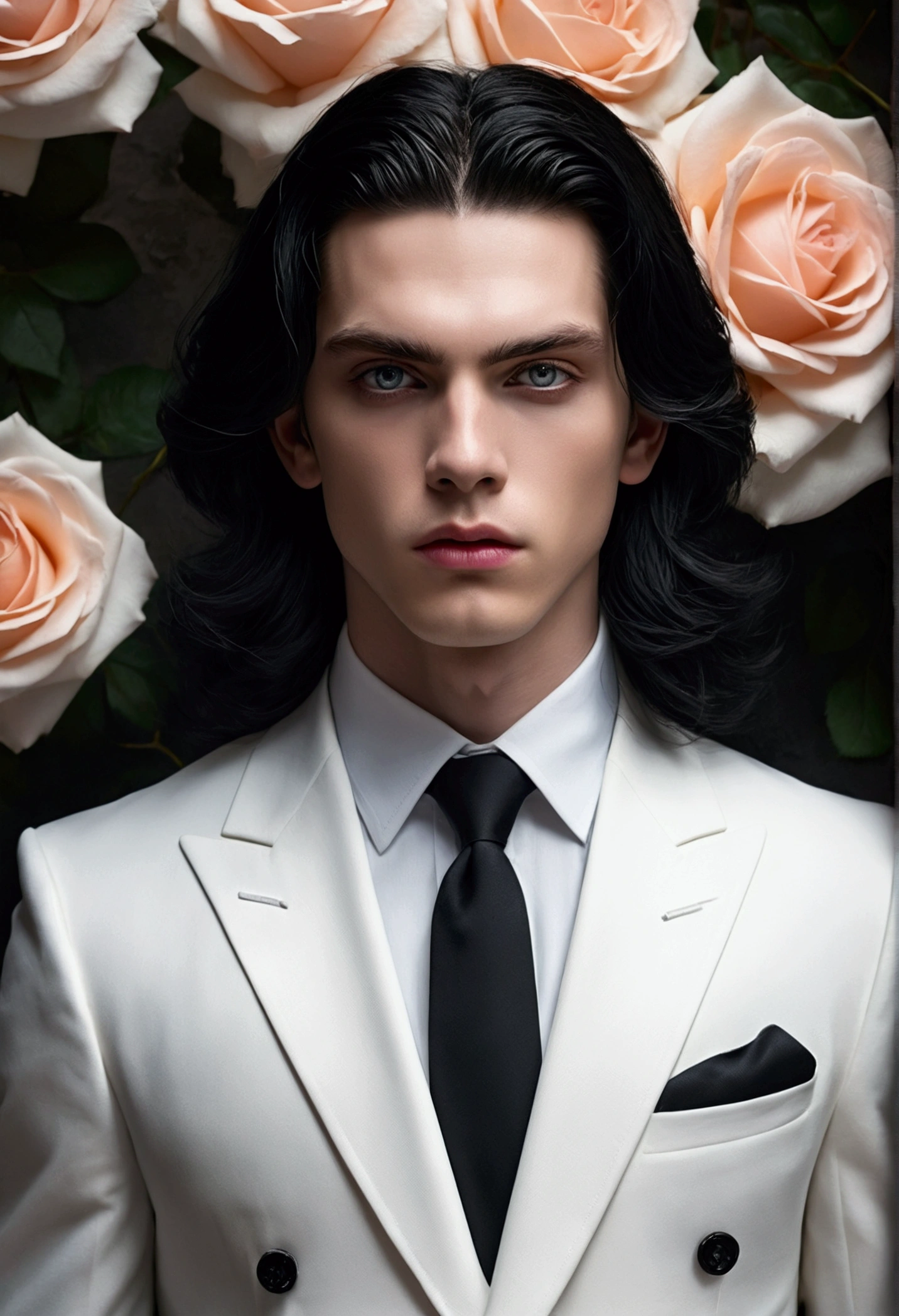 masterpiece, of the highest quality, (Focus only), (perfect face:1.1), (High detail:1.1), (Hyper detailed eyes), dramatic, a boy with pale skin and long, voluminous black hair, white eyes, Alone, for the largo, Sefirot, officer, evening, white luxury suit, Covered navel, sensual lips, for the, arrogant expression, Jardín de rose, detailed background, art by artgerm, cinematic lighting, rose, fashion