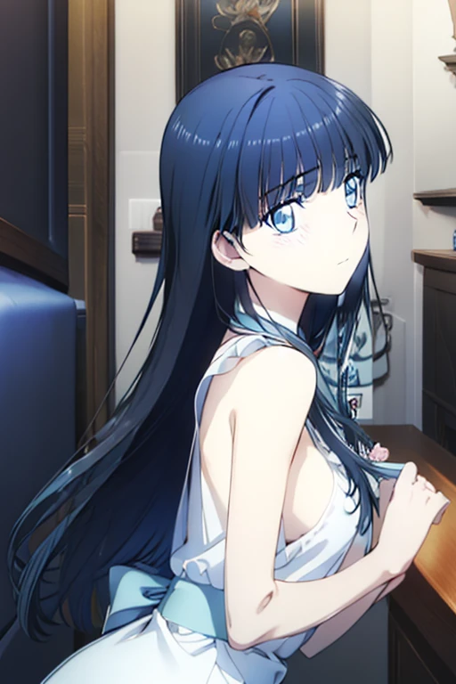 miyuki shiba (icy blue eyes:1.7), long black hair, (ample chest:1.2), leaning forward BREAK collarbone, very short apron, blushing, mouth open, bare arms, bare shoulders, bare legs, teenager BREAK looking at viewer, BREAK indoors, BREAK (masterpiece:1.2), best quality, high resolution, unity 8k wallpaper, (illustration:0.8), (beautiful detailed eyes:1.6), extremely detailed face, perfect lighting, extremely detailed CG, (perfect hands, perfect anatomy), ((semi-profile))