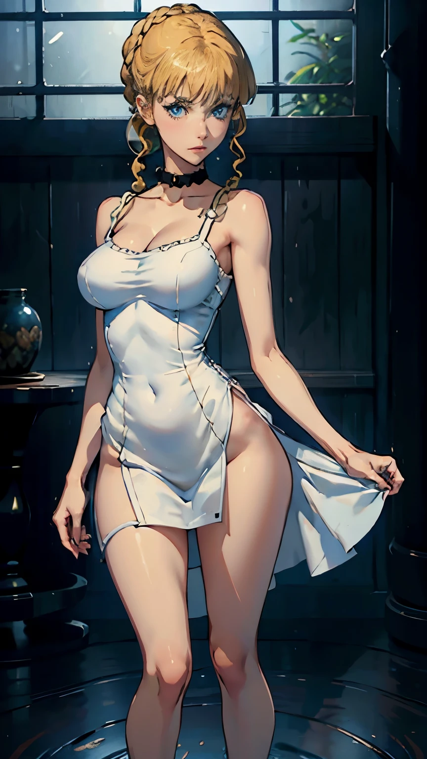 solo, full body shot, sparkling glossy blue big eyes, (great proportion:1.2), (medium sharp breast:1.2), 8k, realistic cartoon, young girl, masterpiece, standing, cowboy shot, arms at sides, 8k, slim figure, medium bust, curvy girl, beatrice1, slim waist and hips, long fit slender legs, accurate medium breast, (realistic style), thin and elegant hands, neat palms, perfect hands, neat feet, blonde hair, ckrdress-fc