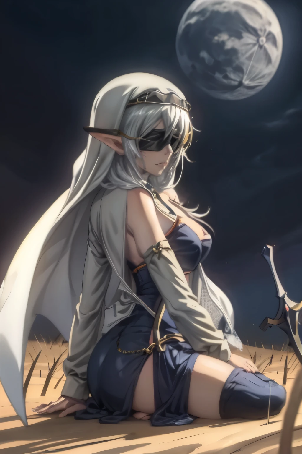 A full body portrait of extremely pretty and female dark elf with grey skin in a field of wheat at night under a pale moon, wearing a nuns habit, black blindfold, white dress, scythe over shoulder