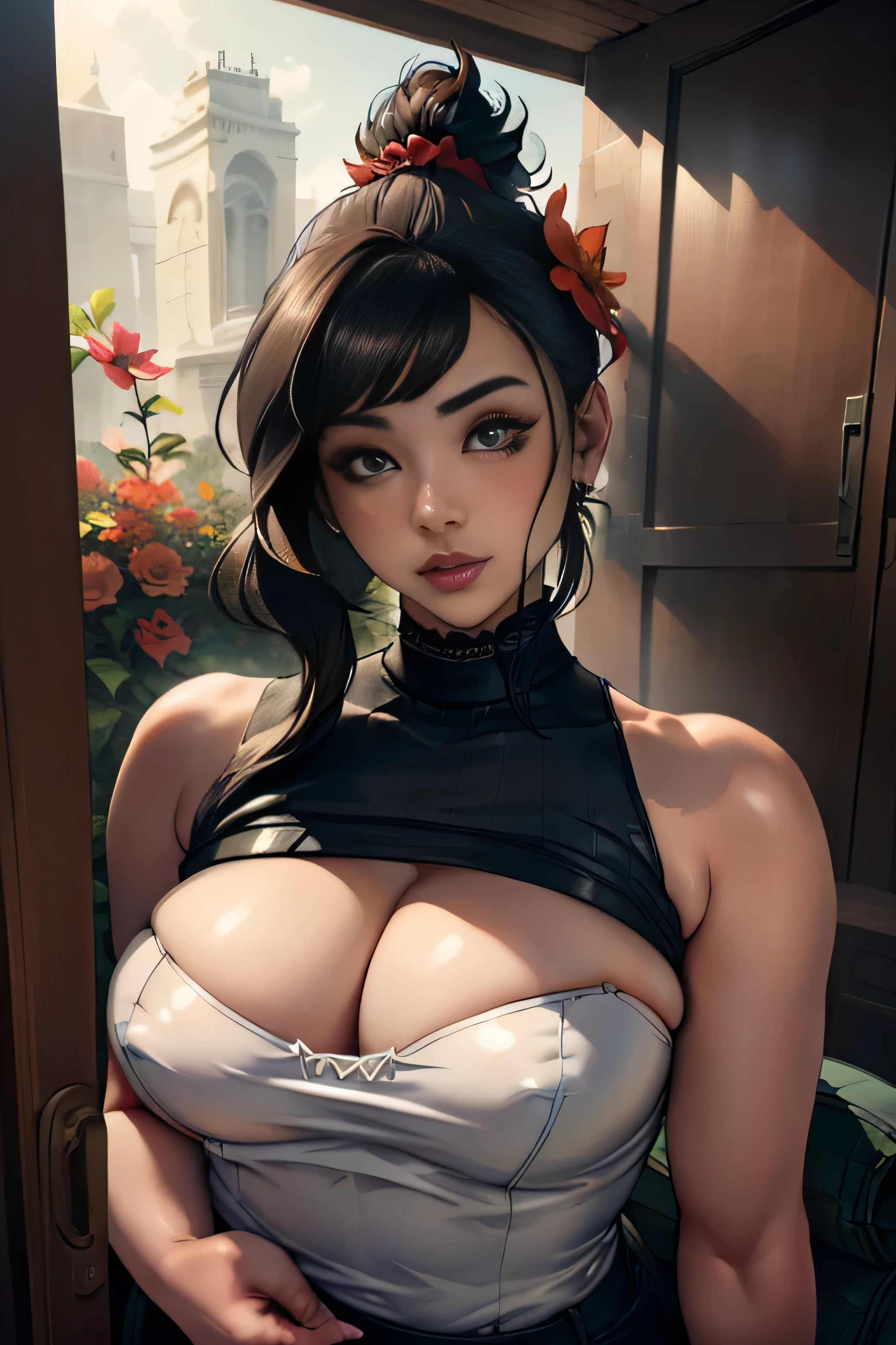 (ultra-detailed, realistic:1.37), [portrait], (best quality, highres, masterpiece:1.2), vibrant colors, sunlight, green garden, flowers, seamless bandeau tube top , beautiful detailed eyes, beautiful detailed lips, long eyelashes, dark black hair in a high ponytail, red flower hair ornament. enormes senos