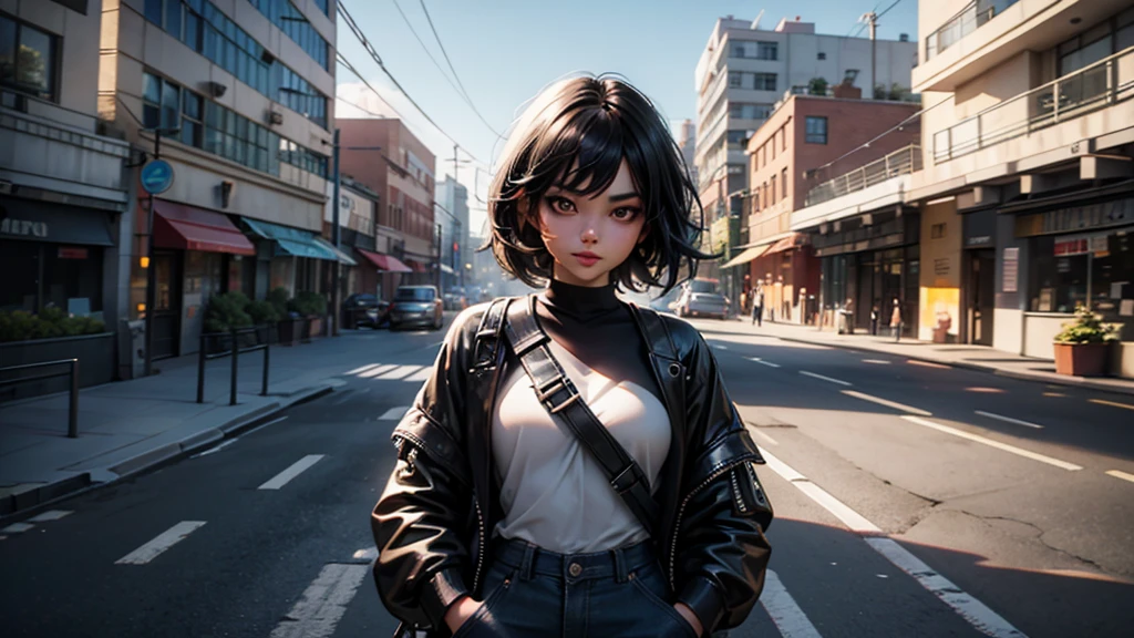 a medium shot of a charismatic young influencer girl, 30 years old, fit body, with short black hair, captured in a city, profesional cinematographic, capturing natural light and shadow