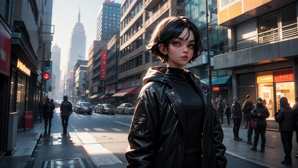a medium shot of a charismatic young influencer girl, 30 years old, fit body, with short black hair, captured in a city, profesional cinematographic, capturing natural light and shadow
