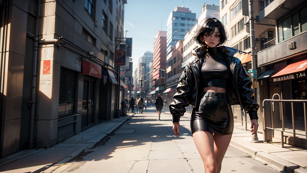 a medium shot of a charismatic young influencer girl, 30 years old, fit body, with short black hair, captured in a city, profesional cinematographic, capturing natural light and shadow