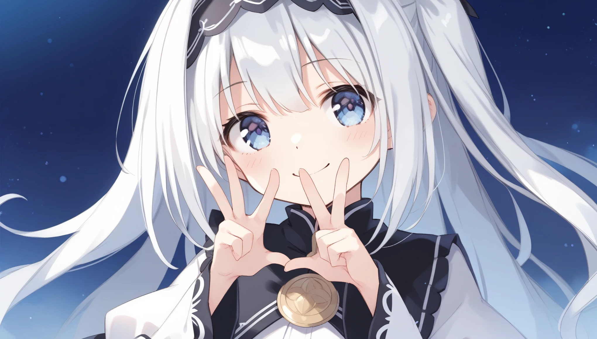 score_9, score_8_up, score_7_up,
arusu maria,1girl, solo, long hair, blue eyes, white hair,hair between eyes,white dress,white thighhighs, long sleeves, wide sleeves,black hairband,Face, close-up, upper body, peace pose, smiling, sit, rised hand, night background