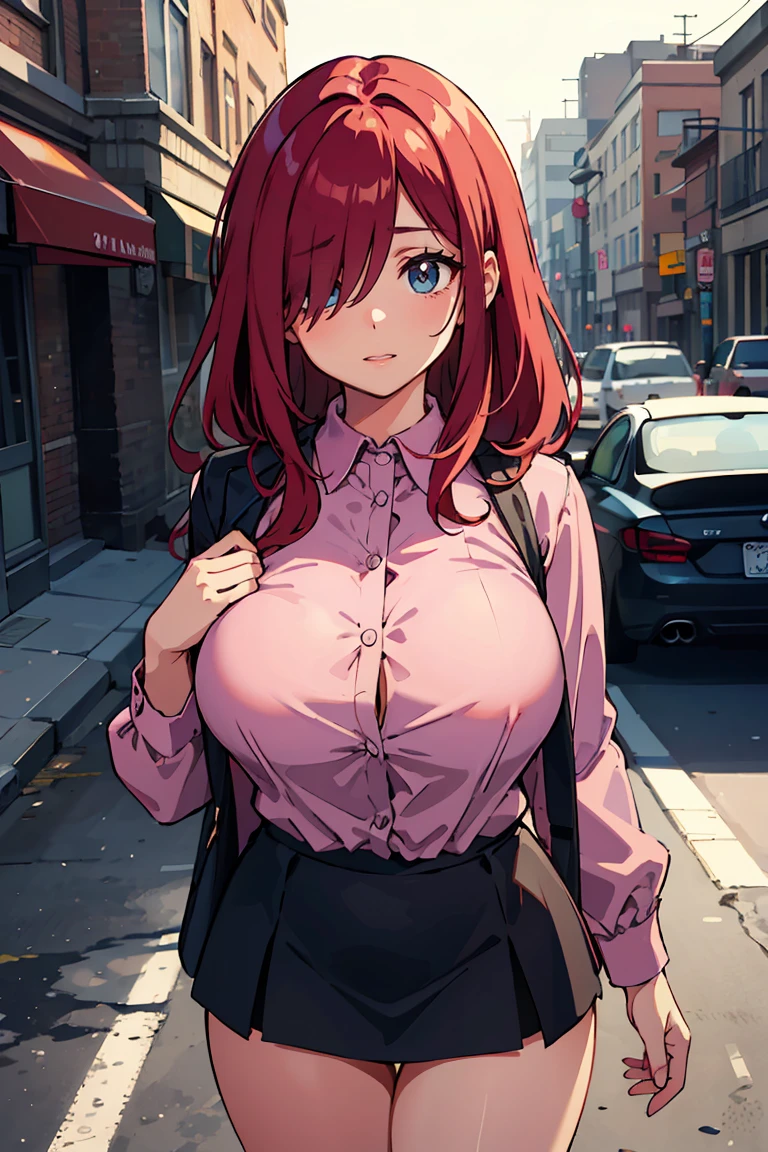 masterpiece, best quality, highly detailed background, perfect lighting, best quality, (extremely detailed face), volumetric lighting, intricate details, shadow, tonemapping, sharp focus, hyper detailed, trending on Artstation, (solo) ((Looking at the viewer)) (long red hair) (Hair over face) (only one eye visible) (curvy) (Big bewaar), ((Blue eyes)), ((human)), (Nervous), (Dressed in a mini skirt), (Stop on the street), (Prostitute) (Big breasts), (Pink shirt)