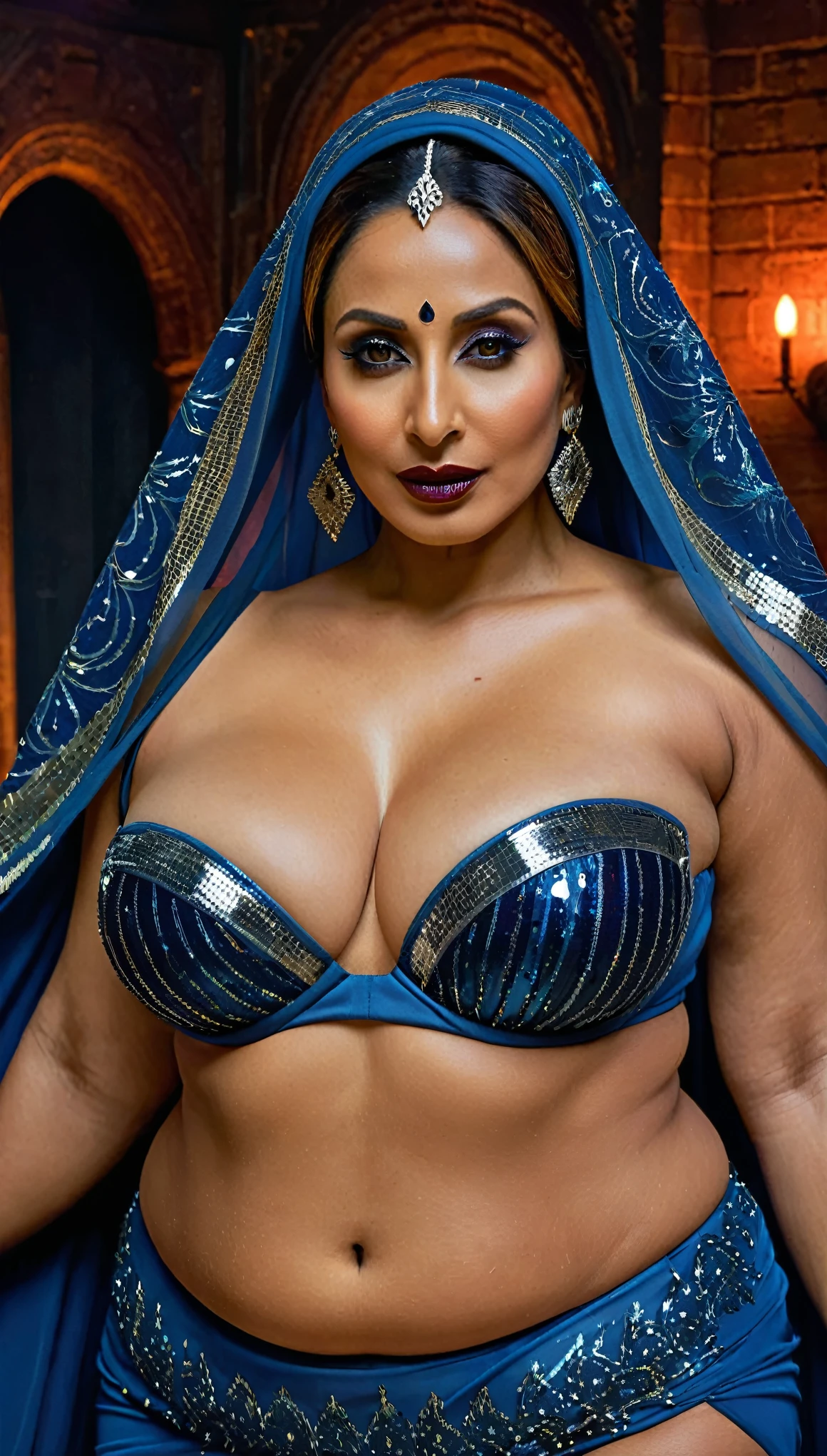 Looks like Malaika Arora, full body Closeup shot, Big chubby aunty, milf, cougar lady witch, horny Gothic milf, massive breast , heavy and saggy breast, big milkers, fleshy arms, extremely voluptuous, 70 years old gorgeous mature lady, pervert demoness, demoness of lust, curvy, black lips, horny face, extremely gorgeous, thick figure, heavy physique, voluptuous, curvy, sexy figure, Fashionable portrait of androgynous alien looking witch wearing veil, glowing eyes, futuristic design, minimal details, givenchy, photoreal, 200mm, hd, f/ 2.0, highly detailed, surreal, sexy beautiful evil woman, sexy bold sequin Saree with strapless Bra, chudail, Pishachini, horror genre, blood-thirsty enchantress, powerful female spirit, eerie, drop dead, in the style of red and blue, (intricate details, hyperdetailed:1.15) (skin texture:1.2), dark Moody tone, cinematic lighting, haunted place in background, 