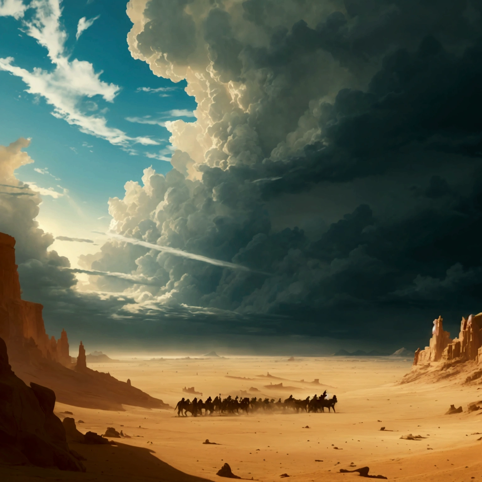 a majestic desert landscape with a cavalry regiment, a storm brewing in the distance, the sun obscured by haze, a distant city on the horizon, dramatic clouds, dramatic lighting, hyperrealistic, cinematic, epic, muted color palette, dramatic atmosphere