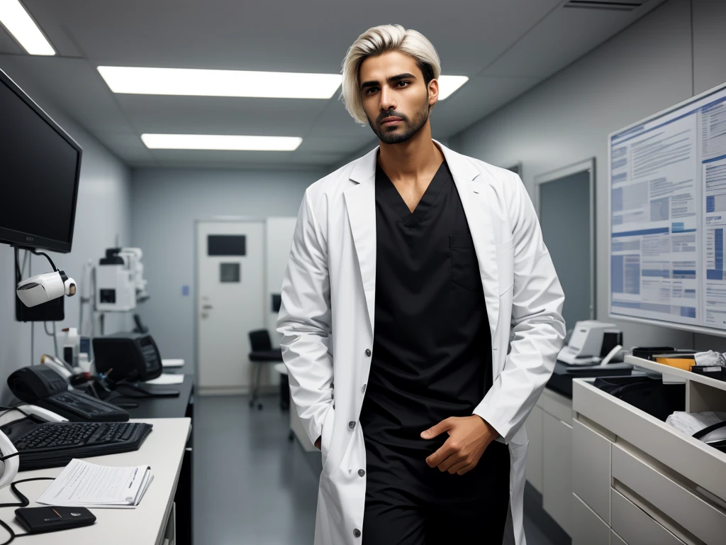 Realistic, dark vibes, dark lighting solo, alone, attractive male model, Egyptian Arabic, 33 years, dark skin, (platinum blond short tapered style:1.1), light black facial hair, black t-shirt under white surgical coat, low light medical office background