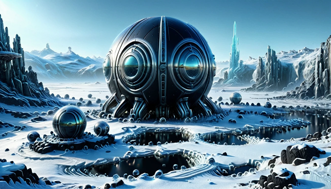 ((ALIEN PLANET, ALIEN COLONY WITH BUNKER-TYPE HOUSING)), hyper realistic image in very high definition (4k) of a frozen landscape on an alien planet. The environment must be completely covered with ice and snow, without liquid water, with intricate black rocks. It's a frozen, frozen desert. Include some futuristic alien constructions and buildings such as extraterrestrial colonies.. The scene must also show parked alien spaceships. In the landscape, You can see some humanoids with polar clothing, being part of an important population. The sky is gray, stormy and tempestuous, with wind visible on the scene. Lighting should be cinematic style, highlighting the realism and details of the image.