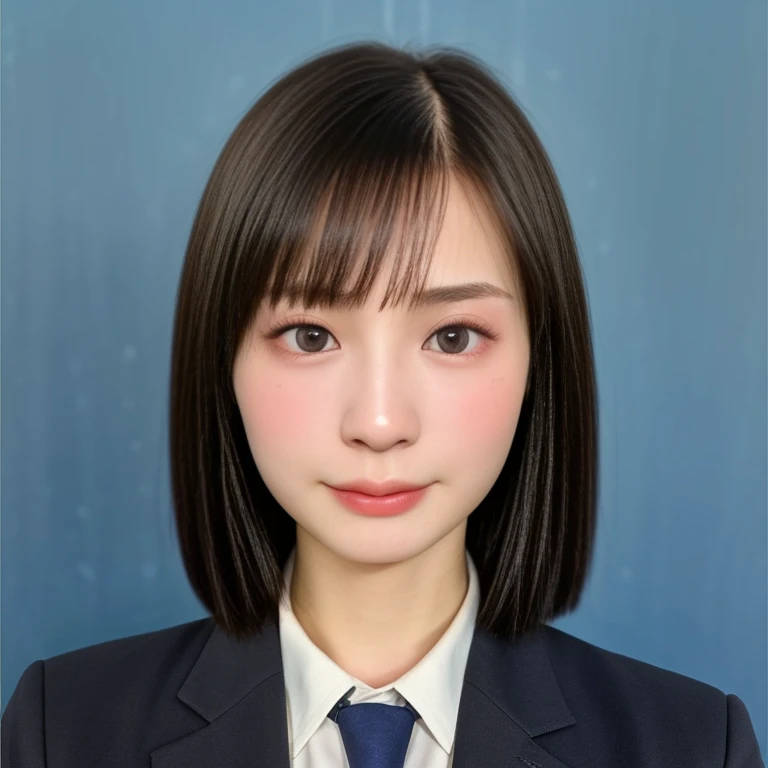 (kawaii 24 year-old Japanese girl, Nogizaka idol, Korean idol), (glossy black hair, short bob, hair length must be even and symmetric:1.3), (rounded face, single eyelid, no makeup, serious expression:1.2), (wearing suit jacket, collared shirt, necktie:1.3), (extra small breasts:0.9), (looking at viewer:1.2), BREAK, (simple blue background, yearbook background:1.3), (portrait, id photo, bust shot, view from vertically straight forward:1.3), (keep a margin on the top), BREAK, (masterpiece, best quality, photo realistic, official art:1.4), (UHD, 8K quality wallpaper, high resolution, raw photo, golden ratio:1.3), (shiny skin), professional lighting, physically based rendering, award winning, (highly detailed skin, extremely detailed face and eyes), Carl Zeiss 85 mm F/1.4, depth of field, 1girl, solo,