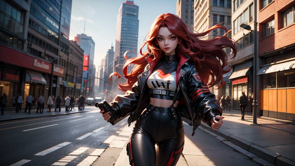 a medium shot of a charismatic young influencer girl, 30 years old, fit body, sexual aure, with long red hair, captured in a city, profesional cinematographic camera, capturing natural light and shadow