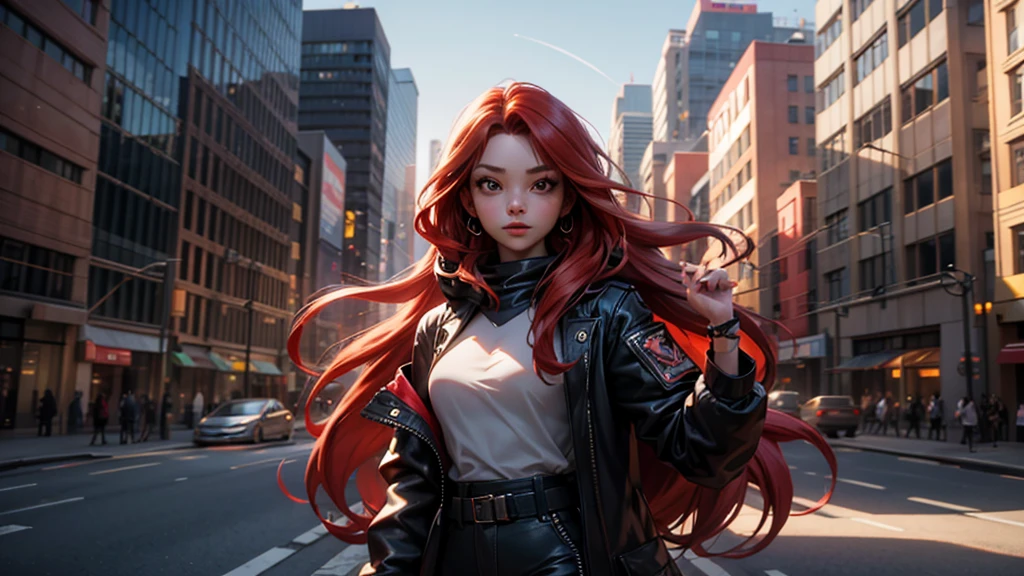 a medium shot of a charismatic young influencer girl, 30 years old, fit body, sexual aure, with long red hair, captured in a city, profesional cinematographic camera, capturing natural light and shadow
