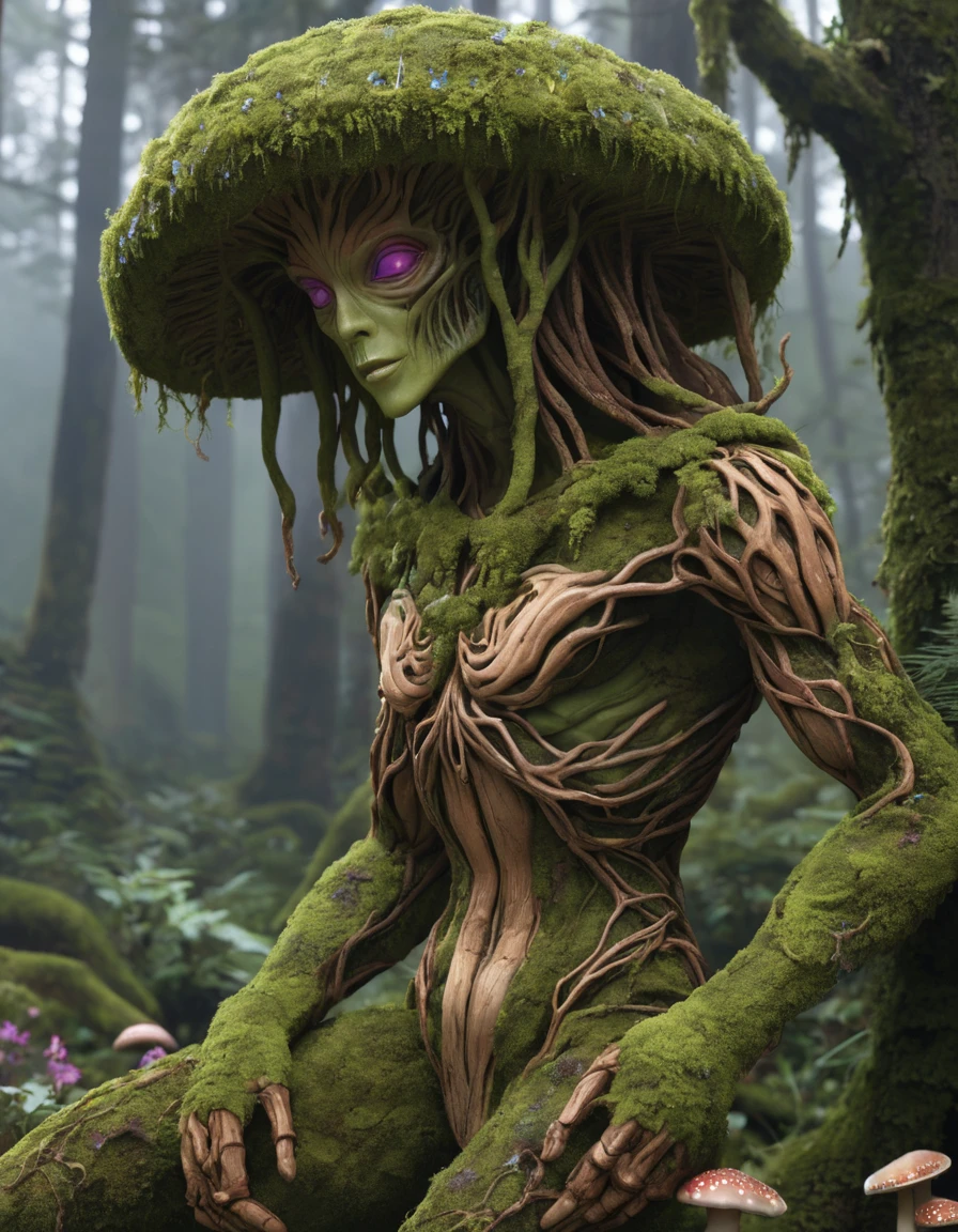 Plant based alien lifeform. covered in moss, bark, flowers mushrooms. vine like limbs.
