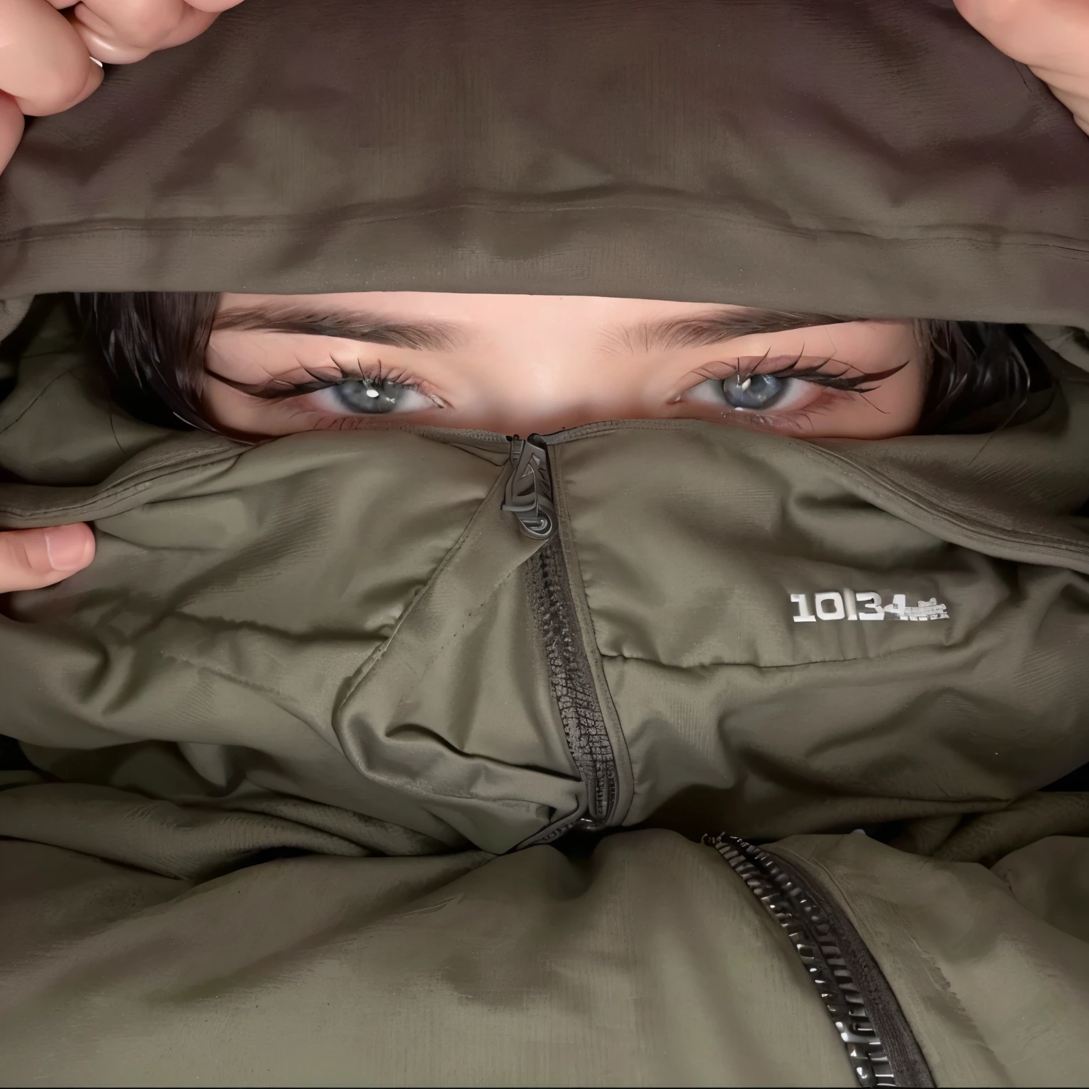 there is a woman with a hood covering her face, thousand yard stare, in a sweatshirt, eyes wide open, detailedeyes, wearing a big sweatshirt, eyes open, intense look in the eyes, The eyes are big, large piercing eyes, girl wearing sweatshirt, wearing a hood, close up face, perfect detailedeyes, piercing eyes, shy looking down
