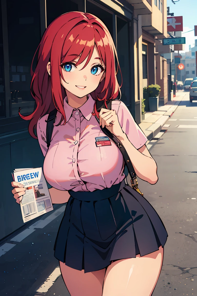 masterpiece, best quality, highly detailed background, perfect lighting, best quality, (extremely detailed face), volumetric lighting, intricate details, shadow, tonemapping, sharp focus, hyper detailed, trending on Artstation, (solo) ((Looking at the viewer)) (long red hair) (Hair over face) (only one eye visible) (curvy) (Big bewaar), ((Blue eyes)), ((human)), (Nervous), (Dressed in a mini skirt), (Stop on the street), (Prostitute) (Big breasts), (Pink shirt), (Handing out brochures), (smile)