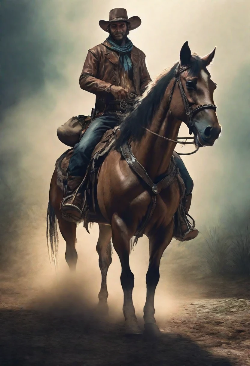 a cowboy on his horse in the wild west, wearing a hat, dramatic lighting, film composition, Digital paint, movie lighting, muted color palette, moody atmosphere, HD 8K,