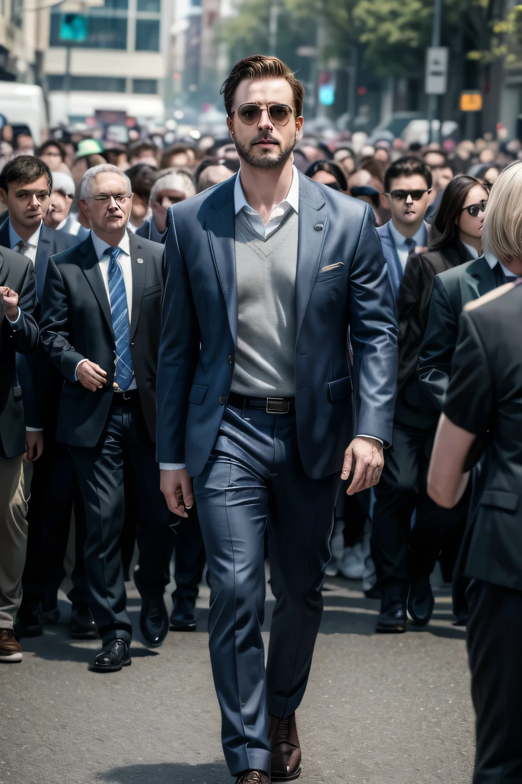 master leading a crowd behind him, LEADER, adult american man, chic