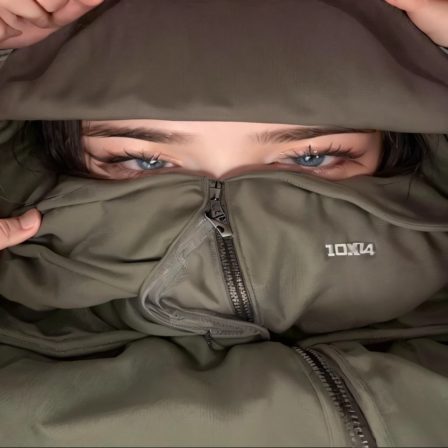 there is a woman with a hood covering her face, thousand yard stare, in a sweatshirt, eyes wide open, detailedeyes, wearing a big sweatshirt, eyes open, intense look in the eyes, The eyes are big, large piercing eyes, girl wearing sweatshirt, wearing a hood, close up face, perfect detailedeyes, piercing eyes, shy looking down