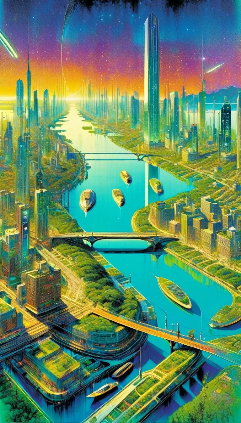 lake city, an impressive city built on a large lake, with canals as streets, lots of vegetation, futuristic elements, artwork by Bill Sienkiewicz , vivid colors, intricate details,