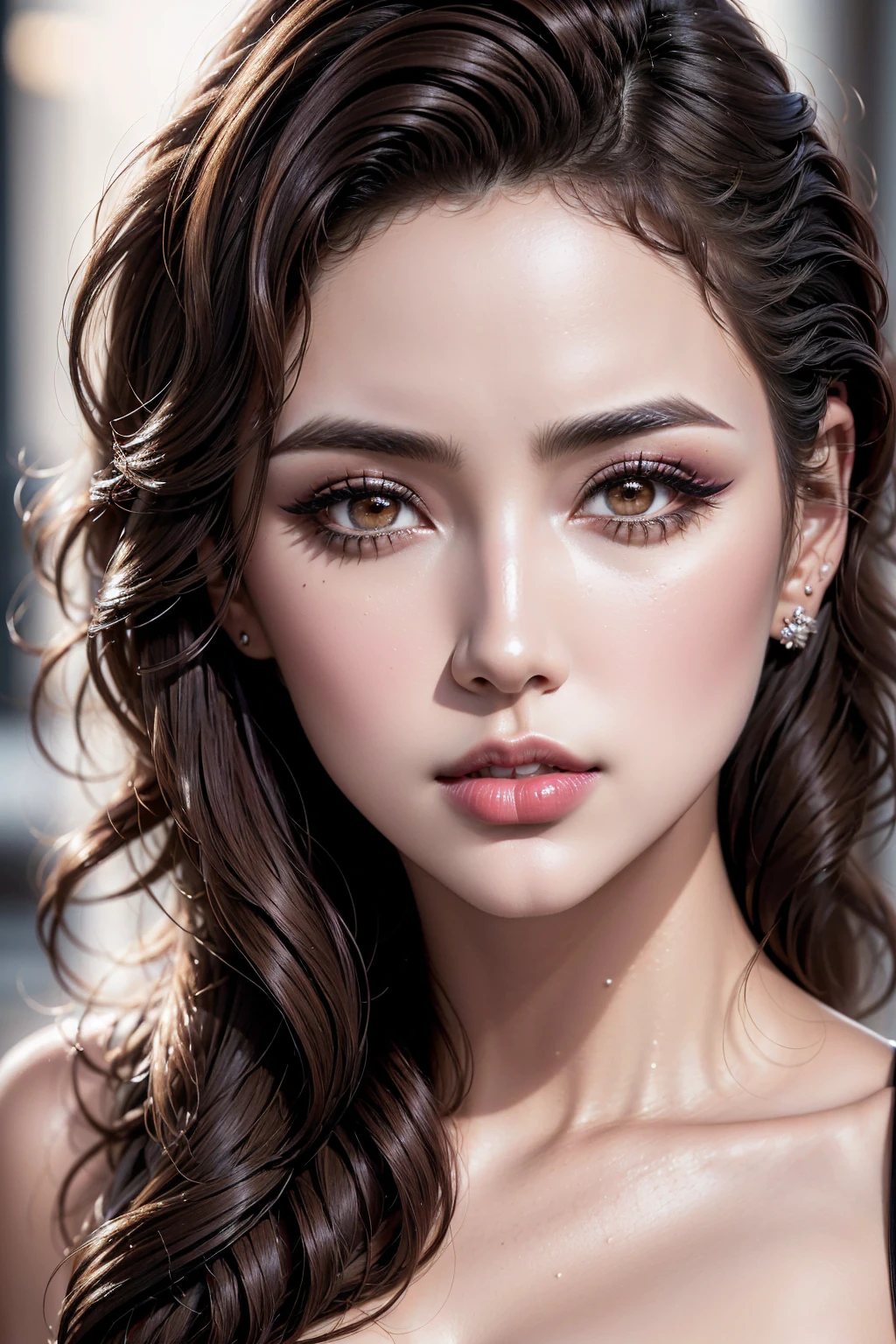 photorealistic Realism 8K Quality, ((1Beauty woman 24 yo)), Beautiful face, best high quality real texture skin, (A woman with velvety skin:1.3), (best high quality real texture hair), (brown hair((wavy combed up, behind the ear:1.22)), super details:1.25), ((high-res, top high quality)), ([long(lashes)|perfect(eyeshadows)]:[|blue:1.2|pink]), ((clear no blur and sharp perfect round, realistic brown_eyes:1.25), finely quality eyes:1.2), (tired and sleepy and satisfied:o.o), (finely detailed pupils:1.1), BREAK, detailed lips, pink_makeup, (red_lipstick:1.25), perfect dark_eyeshadows:1.15, (detailed professional makeup on eyes:1.2), ((beautiful sharp-face), extremely detail:1.3), (high detail Super beautiful slim and cute-face), a significant look at the viewer, ((Upper body shot)), ((highly elaborate extravagant microscopic street outfit:1.25)), perfect composition, ((dry skin)), Hasselblad, 85mm f/4.0