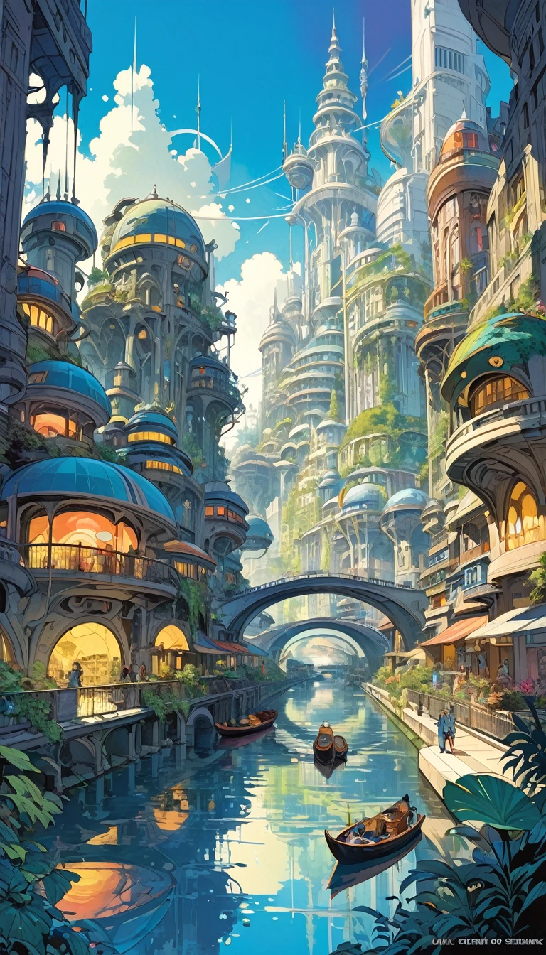 lake city, an impressive city built on a large lake, with canals as streets, lots of vegetation, futuristic elements, artwork by Bill Sienkiewicz , vivid colors, intricate details,