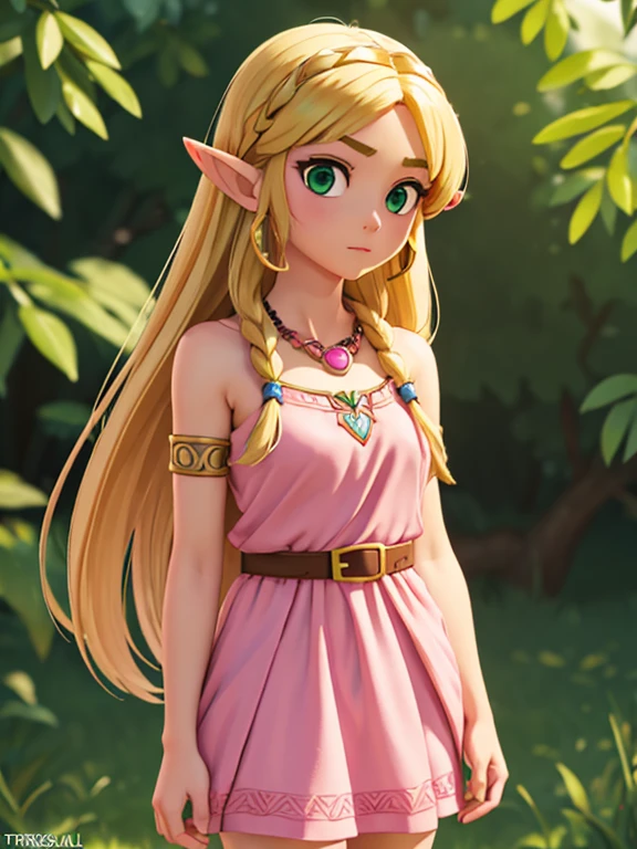 ((nsfw)), princesszelda, princess zelda, blonde hair, (green eyes:1.5), pointy ears, long hair, parted bangs,
BREAK bead necklace, beads, belt, bracer, cape, circlet, collarbone, dress, earrings, jewelry, necklace, triforce, triforce earrings, v-shaped eyebrows,  (pink dress:1.5),
BREAK looking at viewer, full body,
BREAK outdoors,
BREAK (masterpiece:1.2), best quality, high resolution, unity 8k wallpaper, (illustration:0.8), (beautiful detailed eyes:1.6), extremely detailed face, perfect lighting, extremely detailed CG, (perfect hands, perfect anatomy),