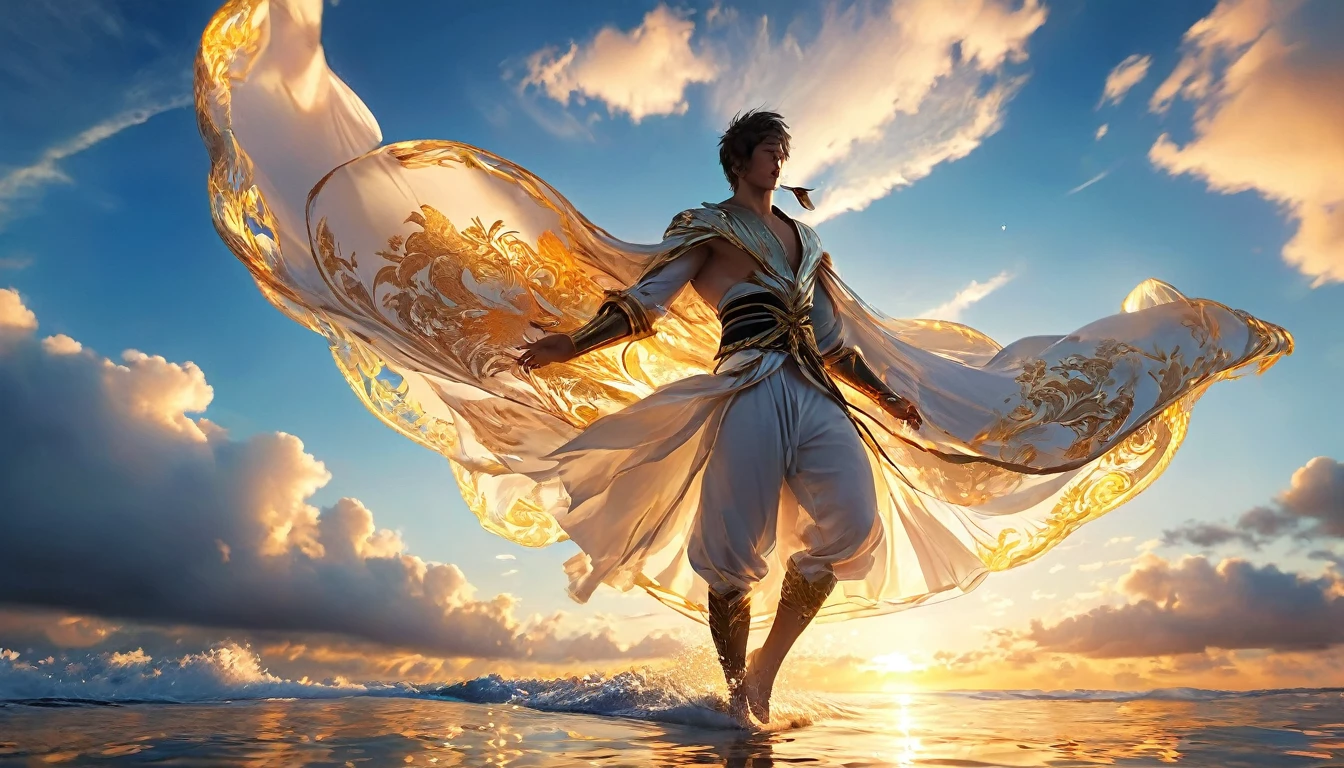 sutnning sceneric photography of a handsome hunk men , distant body shot,((with a long veil with intricate gold pattern details)),((loincloth)),((he is spinning:turning)),back side view, exposed ass,,extended arms, in a beautiful rounded stained glass floor,((massive white birds flying around all the scenery)),a sea of hyper detailed clouds scenery,sunset,dreamy atmosphere,wind strongly blowing,dynamic shadows,warm contrast,cinematic,masterpiece,trending on pinterest