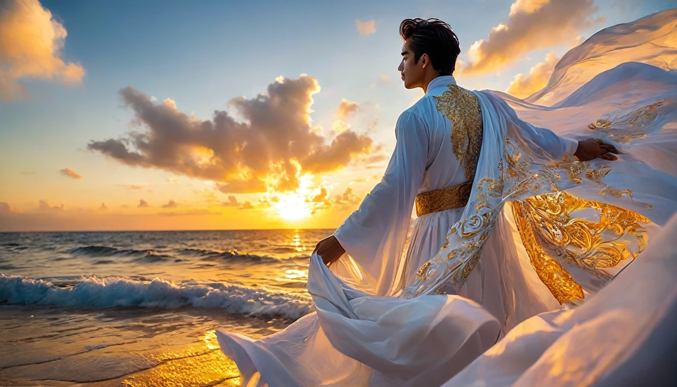 sutnning sceneric photography of a handsome hunk men , distant body shot,((with a long veil with intricate gold pattern details)),((loincloth)),((he is spinning:turning)),back side view, exposed ass,,extended arms, in a beautiful rounded stained glass floor,((massive white birds flying around all the scenery)),a sea of hyper detailed clouds scenery,sunset,dreamy atmosphere,wind strongly blowing,dynamic shadows,warm contrast,cinematic,masterpiece,trending on pinterest